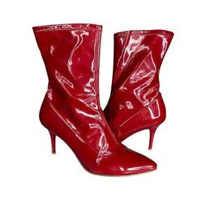 Stuart Weitzman Red Patent Leather Mid-Calf Boots 8M Pointed Toe Heels Zip